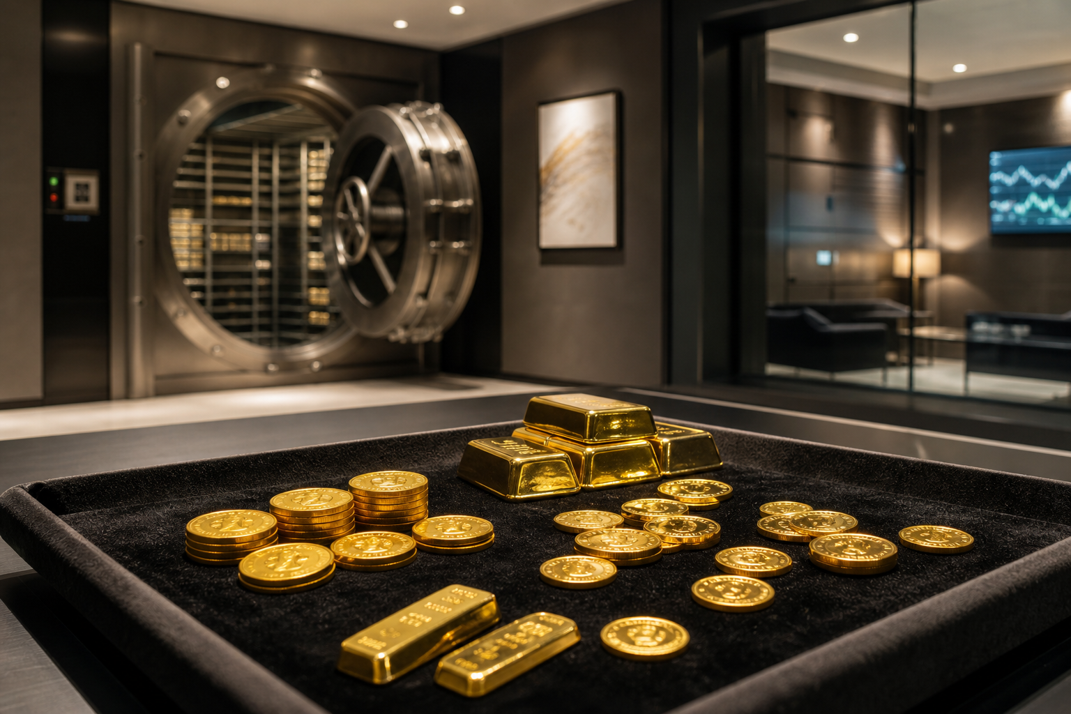 Gold coins and precious metals in a private viewing room